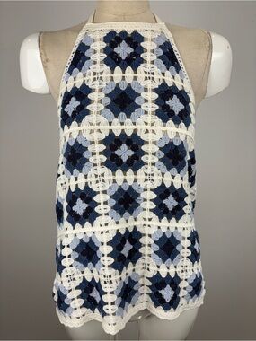 Joe Fresh Blue Granny Square Crochet Halter Top Boho Festival Knit Tank M